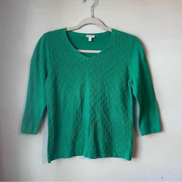 Talbots Green Diamond Textured VNeck Sweater Sz Petite Small Quiet Luxury Preppy - Picture 2 of 5